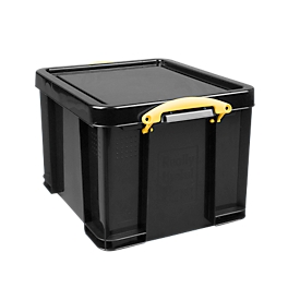 Really useful Box boîte en plastique avec couvercle, 64 litres, noir, poignées jaunes