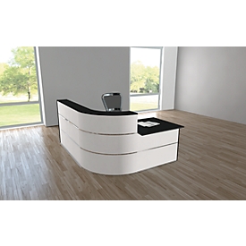 Reception desk Cento 4, 1 straight reception desk with 1 corner element and 1 straight desk with side panels