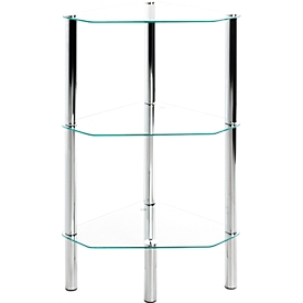 Regal HAKU, 3-eckig, 2 Fächer mit jeweils bis zu 5 kg Tragkraft, B 450 x T 320 x H 770 mm, Stahl/ESG-Sicherheitsglas, chrom/transparent