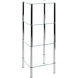 Regal HAKU, 3 Fächer mit jeweils bis zu 5 kg Tragkraft, B 390 x T 390 x H 1070 mm, Stahl/ESG-Sicherheitsglas, chrom/transparent