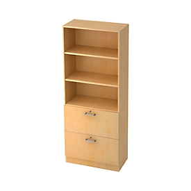 Regalschrank TARVIS, 5 OH, 2 HR-Auszüge, 60 kg Tragkraft, abschließbar, 2 Fachböden, B 800 x T 420 x H 2004 mm, Ahorn-Dekor