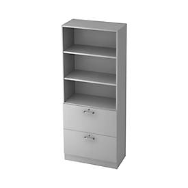 Regalschrank TARVIS, 5 OH, 2 HR-Auszüge, 60 kg Tragkraft, abschließbar, 2 Fachböden, B 800 x T 420 x H 2004 mm, lichtgrau