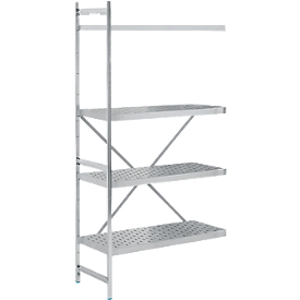 Regalsystem, Anbauregal, Edelstahl, gelochter Boden, H 2000 x B 875 x T 500 mm