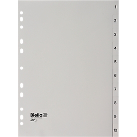 Register Biella, für DIN A4, 10-teilig, numerisch 1-10, nummerierte Taben, Universallochung, Indexdruck, L 297 x B 225 mm, Polypropylen, grau