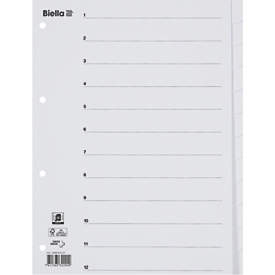 Register Biella, für DIN A4, 12-teilig, numerisch 1-12, blanko Taben, 4-fach-Lochung, Indexdruck, L 297 x B 225 mm, Karton, weiss
