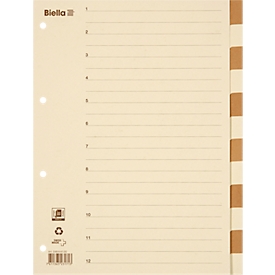 Register Biella, für DIN A4, 12-teilig, numerisch 1-12, blanko Taben, 4-fach Lochung, Indexdruck, L 297 x B 225 mm, Recyclingkarton, beige