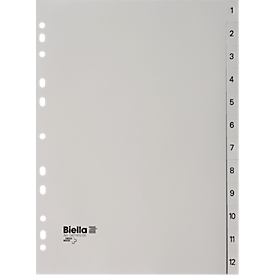 Register Biella, für DIN A4, 12-teilig, numerisch 1-12, nummerierte Taben, Universallochung, Indexdruck, L 296 x B 226 mm, Polypropylen, grau