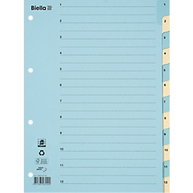 Register Biella, für DIN A4, 12-teilig, numerisch 1-12, verstärkte Taben, 4-fach-Lochung, Indexdruck, L 297 x B 225 mm, Karton, blau