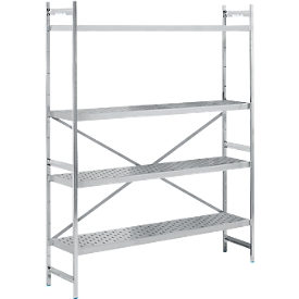 Rekkensysteem, basisrek, roestvrij staal, geperforeerde bodem, H 2000 x B 1500 x D 400 mm
