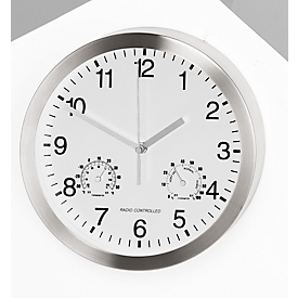 Reloj de pared de cuarzo c. termómetro e higrómetro, blanco