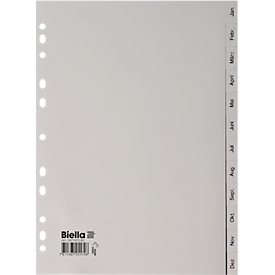 Répertoire Biella, pour DIN A4, 12 pièces, division calendaire Jan-Dec (all.), onglets vierges, perforation universelle, L 296 x l 226 mm, polypropylène, gris