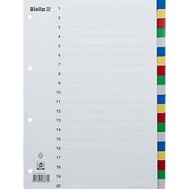 Répertoire Biella, pour DIN A4, 20 pièces, numérique 1-20, onglets colorés vierges, perforation 4 trous, impression index, L 297 x l 225 mm, polypropylène, gris