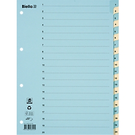 Répertoire Biella, pour DIN A4, 20 pièces, numérique 1-20, onglets renforcés, perforation 4 trous, impression index, L 297 x l 225 mm, carton, bleu