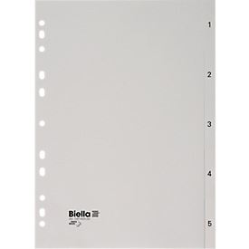 Répertoire Biella, pour DIN A4, 5 parties, numérique 1-5, onglets vierges, perforation universelle, impression index, L 297 x l 225 mm, polypropylène, gris
