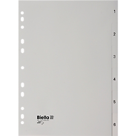 Répertoire Biella, pour DIN A4, 6 parties, numérique 1-6, onglets numérotés, perforation universelle, impression index, L 297 x l 225 mm, polypropylène, gris