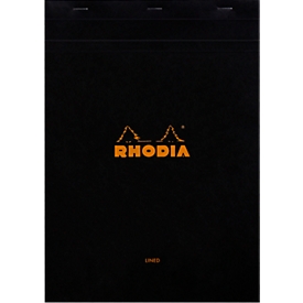 Rhodia Block No.18, 80 feuilles, DIN A4, 80 g/m², couverture cartonnée, agrafé, papier velin, certifié PEFC®, ligné, avec marge, noir