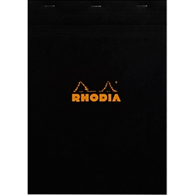 Rhodia Block No.18, 80 feuilles, DIN A4, 80 g/m², couverture cartonnée, agrafé, papier velin, certifié PEFC®, quadrillé, noir