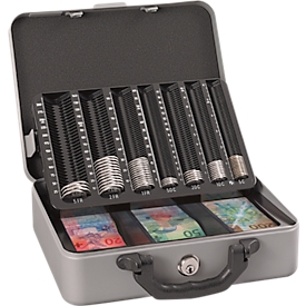 Rieffel Moneta DeLuxe coin counter, steel housing, cylinder lock, carrying handle, filling quantity scale, W 300 x H 102 x D 242 mm, silver-grey