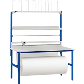 Rocholz complete packing table I, incl. roll-off device and cutting system, worktop W 1600 x D 800 mm, up to 100 kg