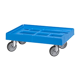 Rodillo de transporte Schäfer Shop Pure, Euronorm, hasta 300 kg, con borde de apilado, ruedas giratorias, L 610 x A 410 mm, HDPE & TPU, azul claro RAL 5012