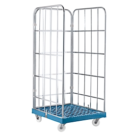 Rolcontainer, 3-zijdig, kunststof vloerplaat, 724 x 815 x 1850 mm, blauw (RAL 5012)