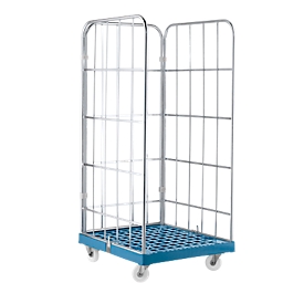 Rolcontainer, 3-zijdig, kunststof vloerplaat, B 724 x D 815 x H 1640 mm, blauw (RAL 5012)