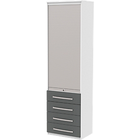 Roldeurkast BARI, 6 ordnerhoogten, 4 schuifladen, 3 legborden, afsluitbaar, B 600 x D 430 x H 2174 mm, wit/antraciet