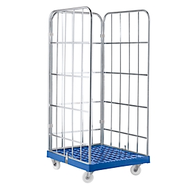 Roll conteneur, 3 côtés, plaque de base en plastique, 724 x 815 x 1850 mm, bleu foncé (RAL 5010)
