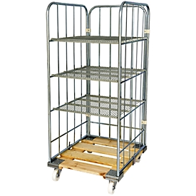 Roll conteneur avec châssis mobile en bois, hauteur utile 1600 mm, étagères horizontales