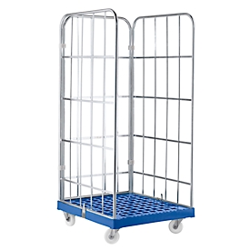 Rollbox, 3-seitig, Kunststoffbodenplatte, 724 x 815 x 1640 mm, dunkelblau (RAL 5010)
