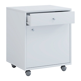 Rollcontainer, 1 Schubfach & 1 Türfach, B 450 x T 380 x H 540 mm, Spanplatte weiss mit Holzstruktur-Nachbildung