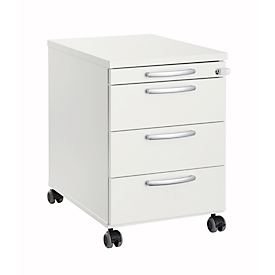 Rollcontainer 1333, 3 Schübe & 1 Utensilienauszug, abschließbar, runde Griffe, Holz/Stahl/Kunststoff, B 434 x T 600 x H 613 mm, weiß