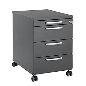 Rollcontainer 1333, 3 Schübe & 1 Utensilienauszug, abschließbar, runde Griffe, Holz/Stahl/Kunststoff, B 434 x T 800 x H 613 mm, graphit