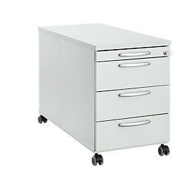 Rollcontainer 1333, 3 Schübe & 1 Utensilienauszug, abschließbar, runde Griffe, Holz/Stahl/Kunststoff, B 434 x T 800 x H 613 mm, lichtgrau