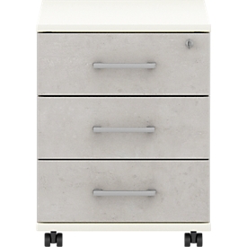 Rollcontainer 333 TEMPIO, aus Holz, 3 Schubkästen (1 mit Schloss), B 430 x T 500 x H 550 mm, weiß/Beton