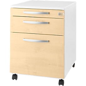 Rollcontainer Login, HR-Auszug+Utensilienauszug+Schublade, abschließbar, Holz, B 431 x T 580 x H 595 mm, weiß/Ahorn