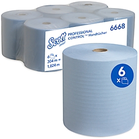 Rollo de toallas de papel Scott® 6668, resistente al desgarro, 1 capa, 6 rollos á 304 m, azul