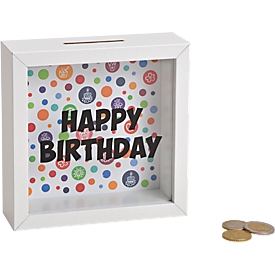 ROOST Caisse d'épargne Happy Birthday, tirelire, cadre en bois, façade en verre, vidable, 15 x 15 x 5 cm, blanc