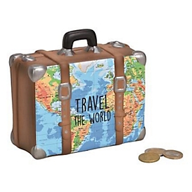 ROOST Caisse d'épargne valise, tirelire, vidable, 14 x 13 x 6 cm, porcelaine, motif carte géographique, brun-bleu