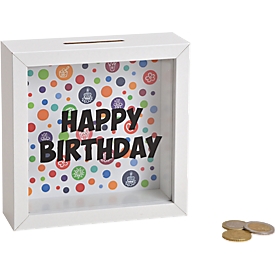 ROOST Sparkasse Happy Birthday, Spardose, Holzrahmen, Glasfront, entleerbar, 15 x 15 x 5 cm, weiss
