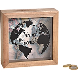 ROOST Sparkasse Travel the World, Spardose, Holzrahmen, Glasfront, entleerbar, 15 x 15 x 5 cm, braun