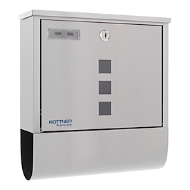 Rottner Boîte aux lettres murale Costa Inox, compartiment à journaux, serrure à cylindre, fenêtre transparente &amp; porte-nom, L 335 x P 100 x H 305 mm, acier inoxydable