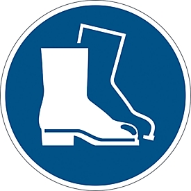 Rótulo informativo duradero, redondo, para uso en interiores, motivo "Utilizar protección para los pies", EN ISO 7010, autoadhesivo, azul-blanco, 1 unidad
