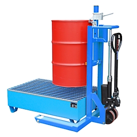 Rouleau de levage de fûts BAUER FHR 600 G, acier, pour fûts jusqu'à 220 l, L 1125 x P 1000 x H 1330 mm, bleu