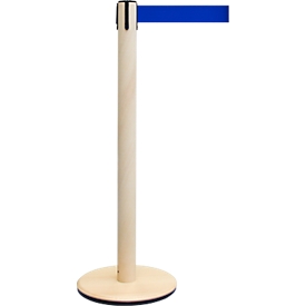 RS GUIDESYSTEMS Absperrpfosten GLA, Holzbasis, Gurtauszug 2300 mm, Gurtbreite 50 mm, esche, Gurtfarbe blau