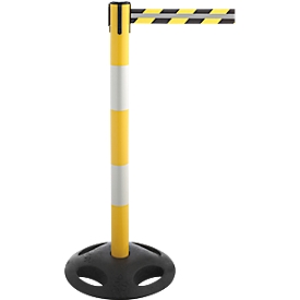 RS-Guidesystems® Poteau de délimitation GLA 25 - Ø 410 x H 1 000 mm – ruban extensible jusqu'à 3,5 m – poteau jaune et blanc et ruban jaune et noir – socle noir