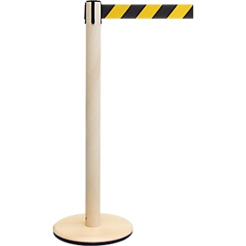 RS GUIDESYSTEMS Poteau de délimitation GLA Eco-28, base en bois, extension de sangle 2300 mm, largeur de sangle 50 mm, frêne, couleur de la sangle noir/jaune