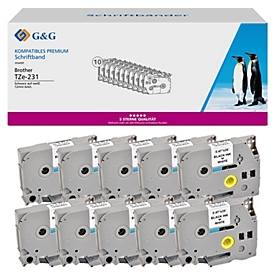 Ruban d'écriture G&amp;G, compatible avec Brother TZe-231, noir sur blanc, autocollant, plastique, L 8 m x l 12 mm, 10 pièces