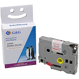 Ruban d'écriture G&amp;G, compatible avec Brother TZe-232, rouge sur blanc, autocollant, plastique, L 8 m x l 12 mm, 1 pièce