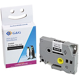 Ruban d'écriture G&amp;G, compatible avec Brother TZe-325, blanc sur noir, autocollant, plastique, L 8 m x l 9 mm, 1 pièce